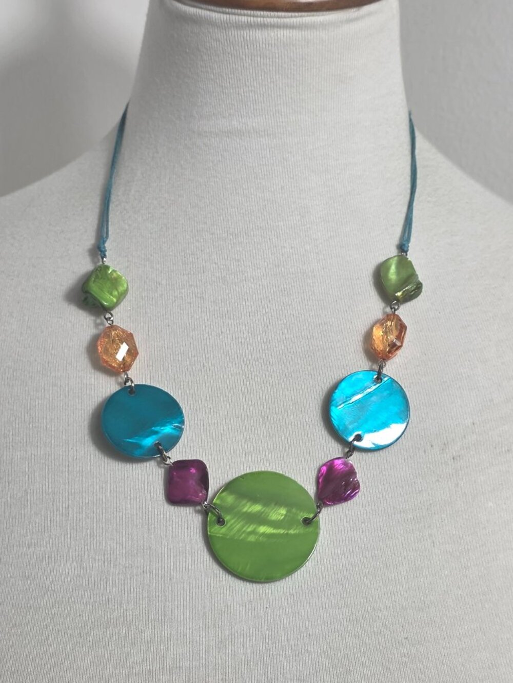 Vibrant Colorful Statement Necklace Large Circular Discs and Shell Nuggets